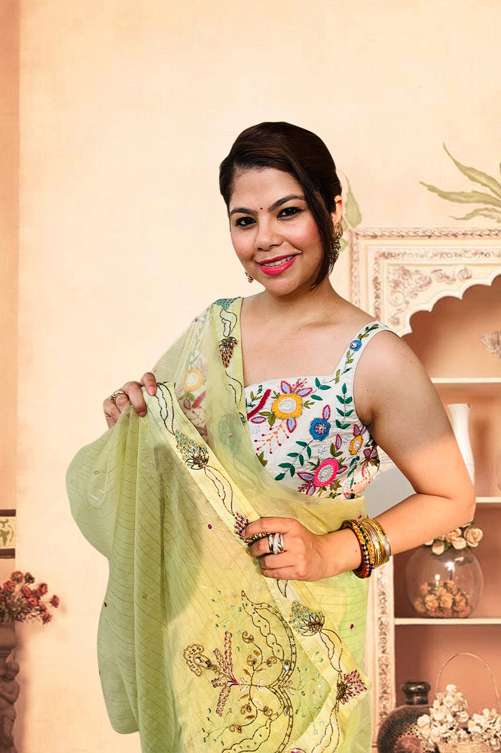 Pastel Green Embroidered Floral Saree – Teej Collection 2025