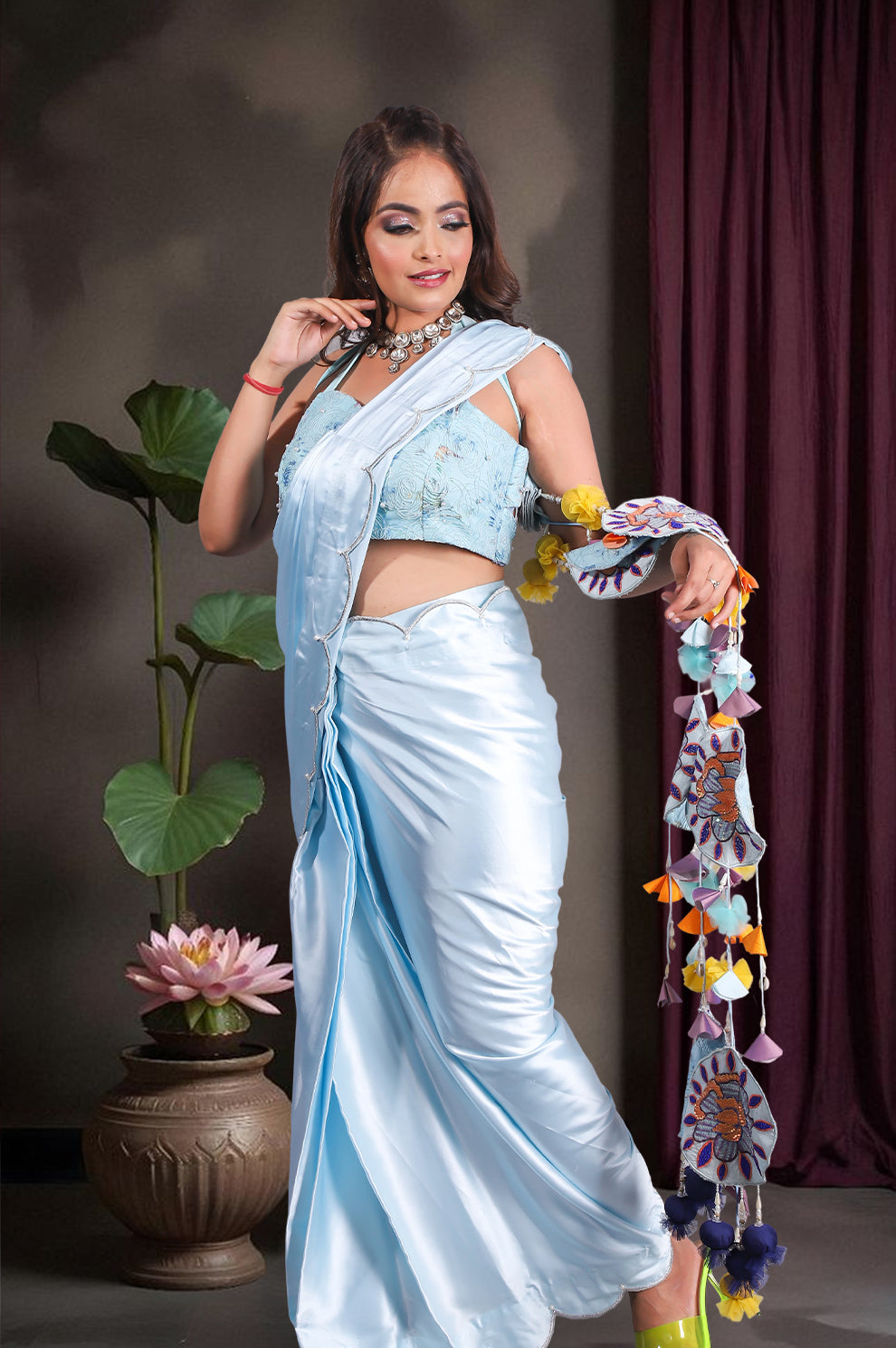 Elegant Pastel Blue Saree Set with Embellished Pallu