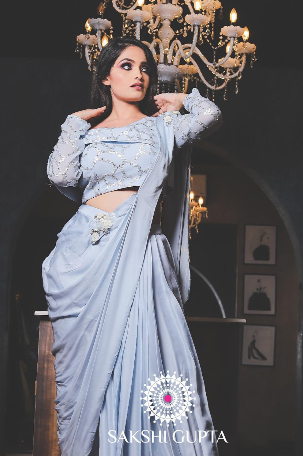 Icy Blue Embellished Designer Saree with Off-Shoulder Blouse – Sakshi Gupta