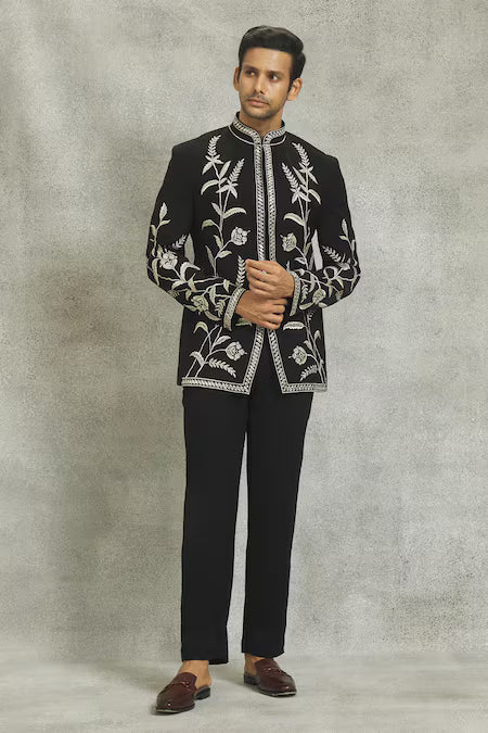 Black Floral Embroidered Indo-Western Suit