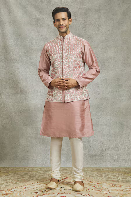 Pastel Pink Silk Kurta Set with Embroidered Nehru Jacket for Men