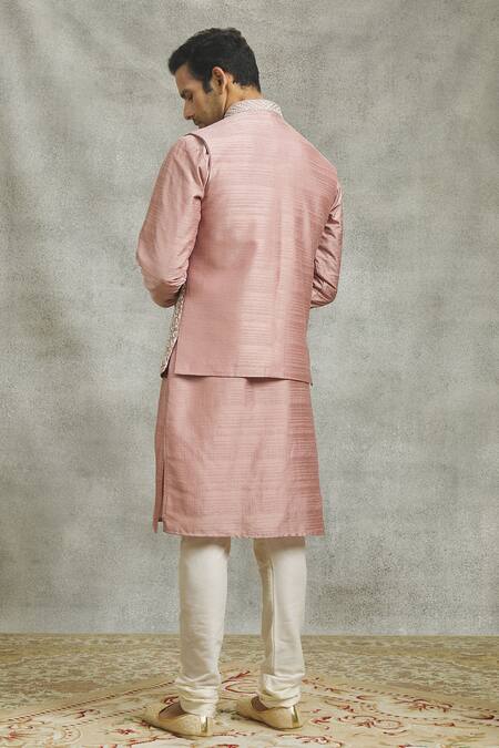 Pastel Pink Silk Kurta Set with Embroidered Nehru Jacket for Men