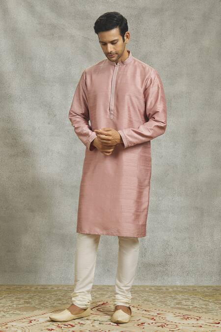 Pastel Pink Silk Kurta Set with Embroidered Nehru Jacket for Men