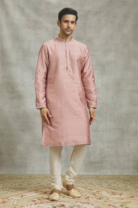 Pastel Pink Silk Kurta Set with Embroidered Nehru Jacket for Men