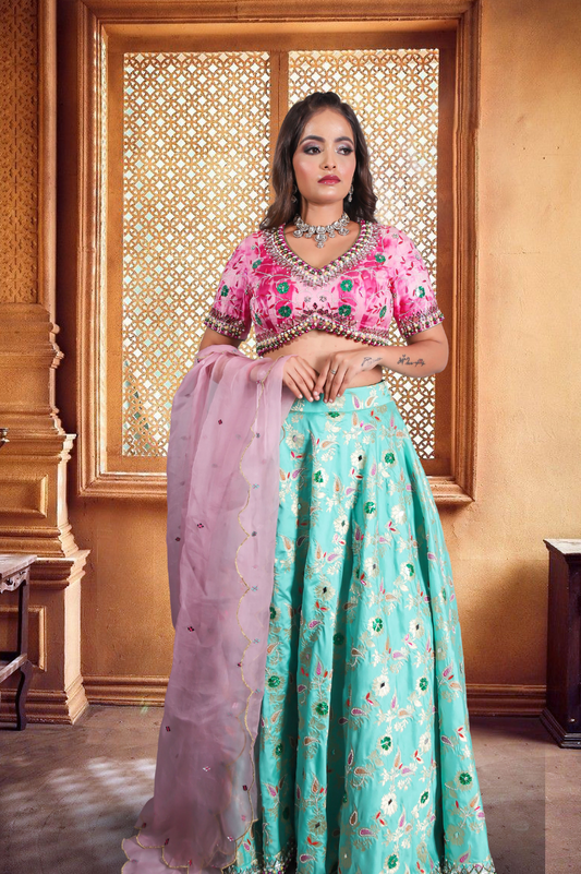 Pastel Aqua & Pink Embroidered Lehenga Set with Dupatta