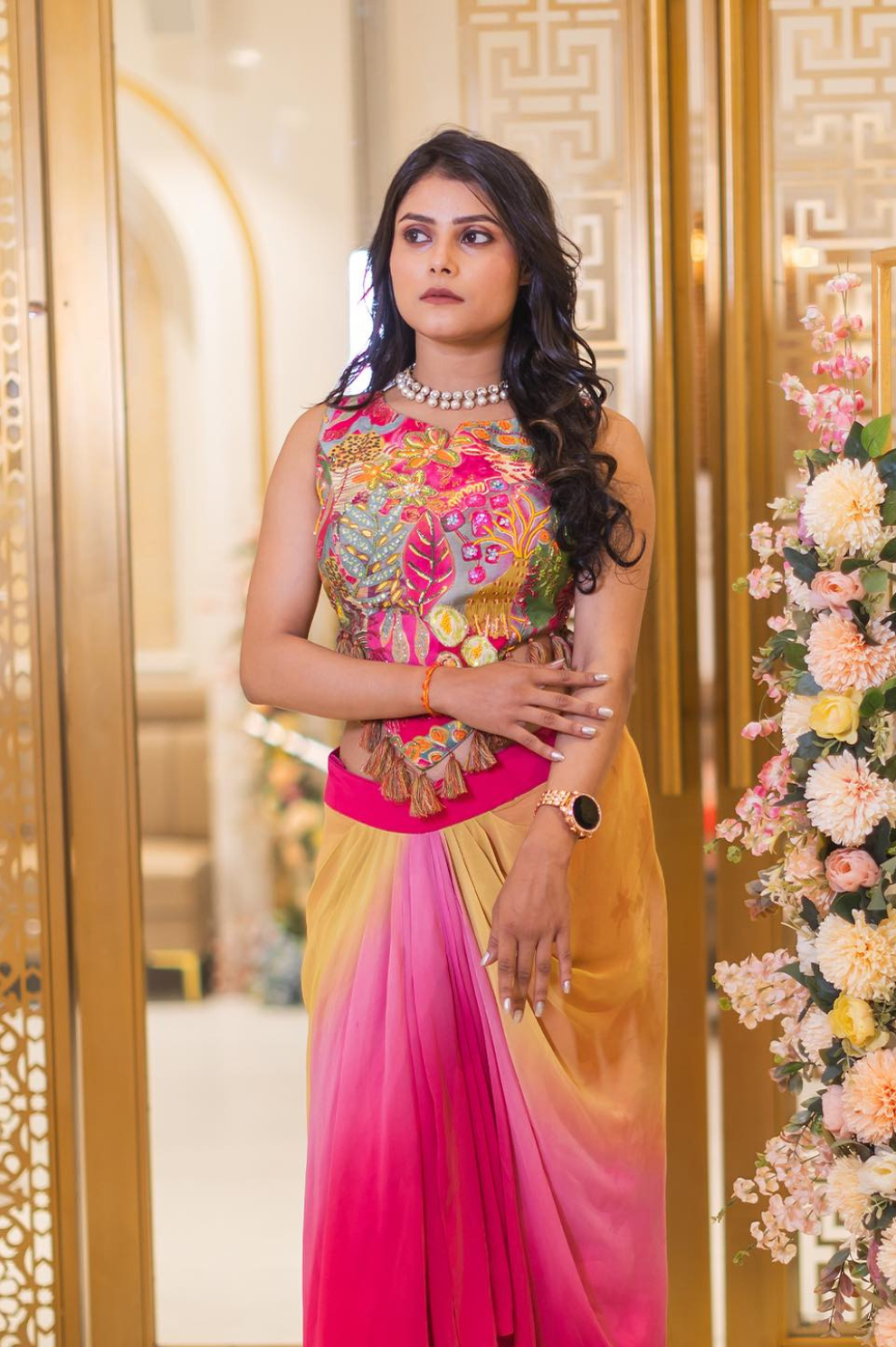 Hand-Embroidered Floral Fusion Lehenga Set