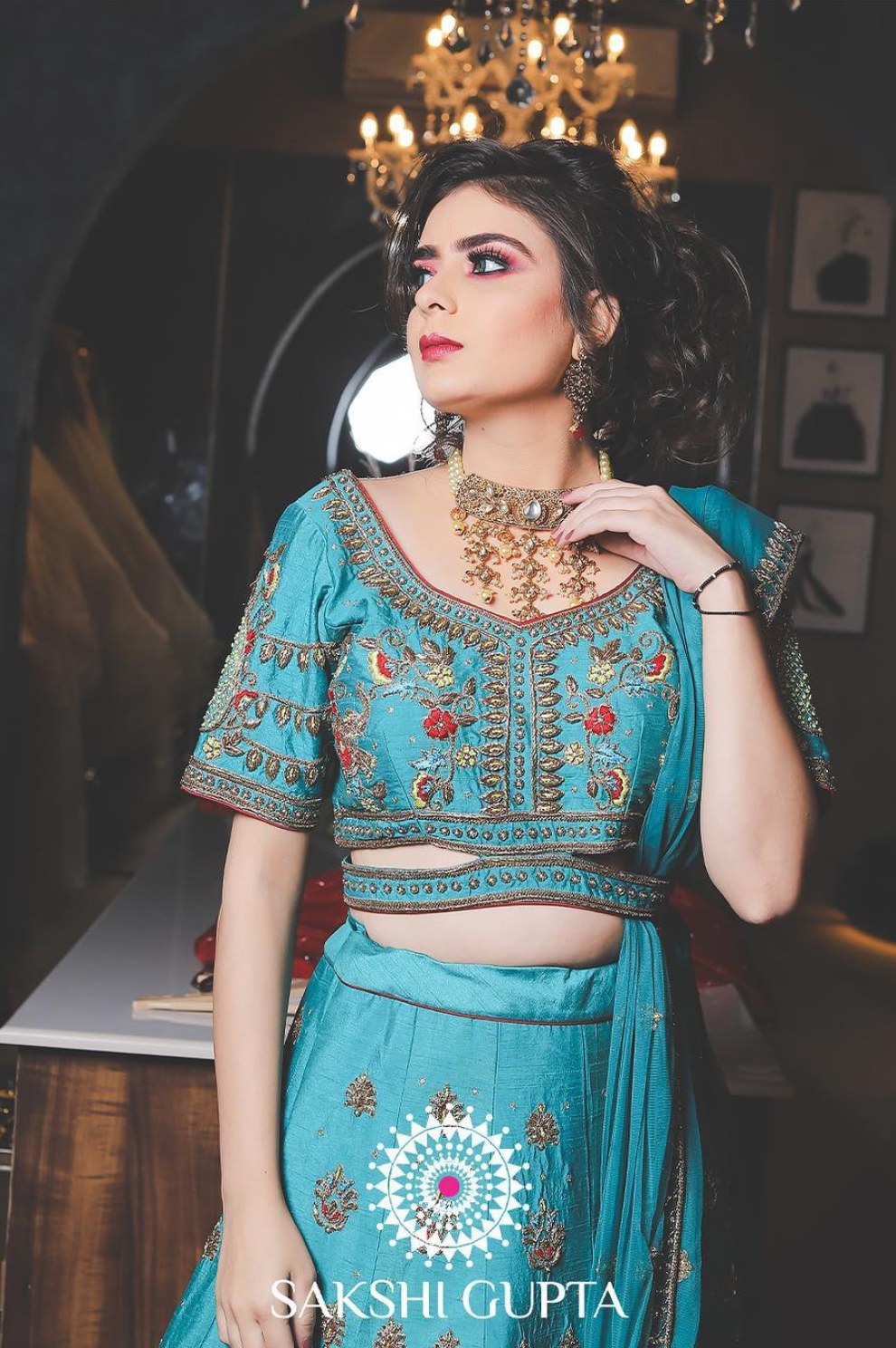 Teal Blue Embroidered Silk Lehenga Set – Sakshi Gupta