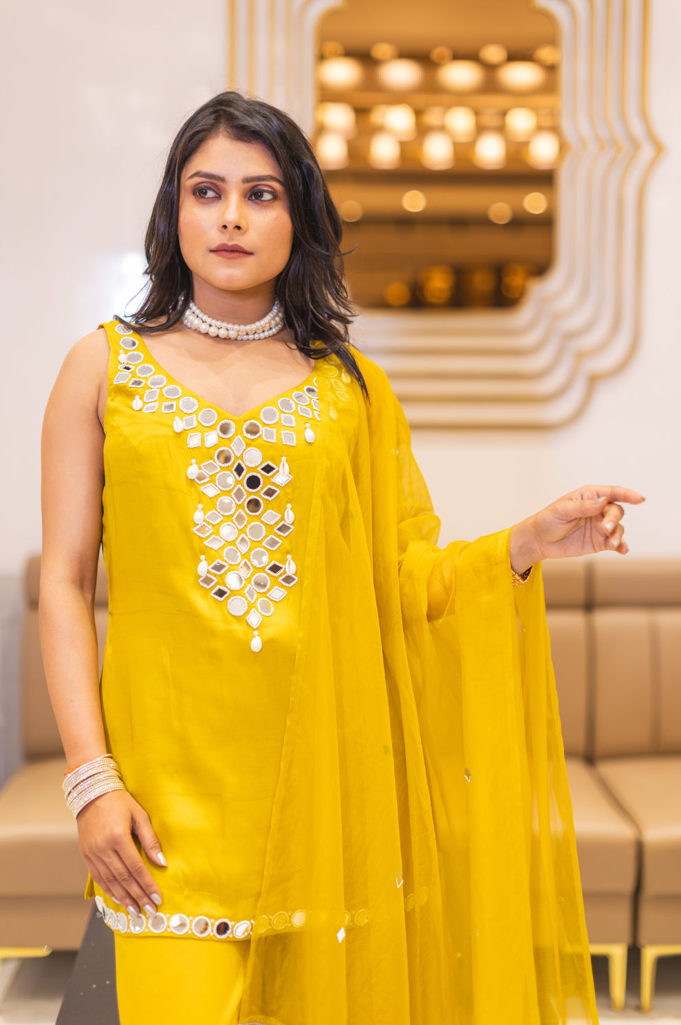 Vibrant Yellow Mirror Work Sharara Set – Festive Indo-Western Ensemble