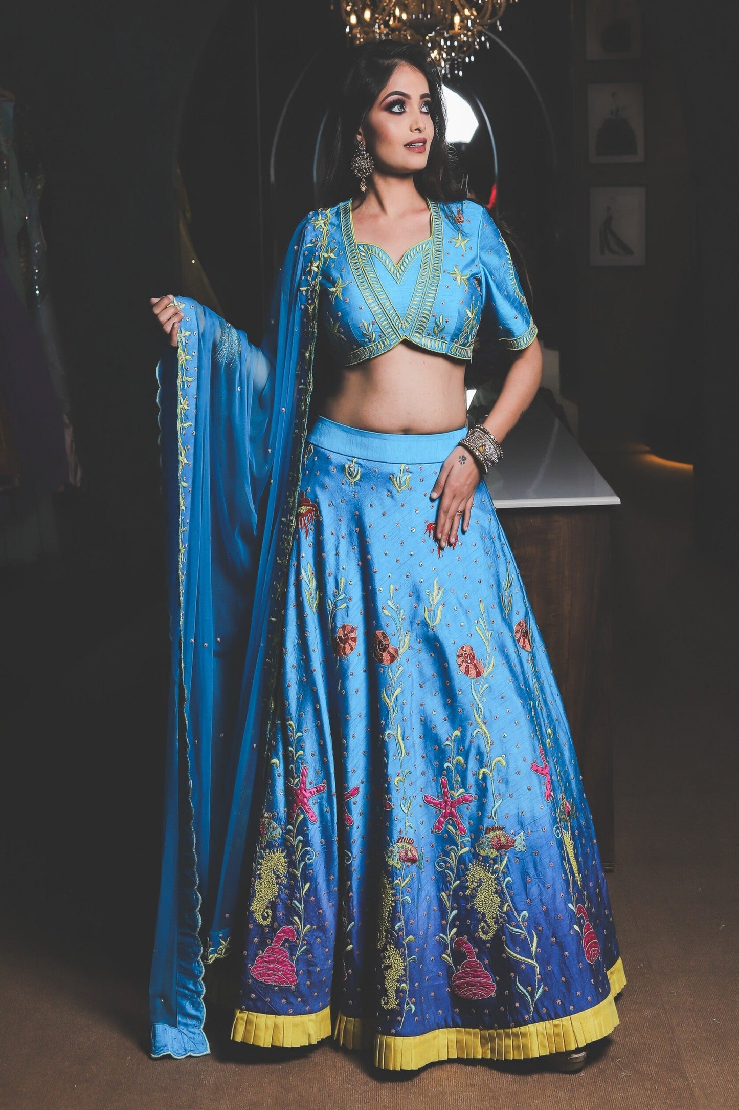 Aqua Blue Embroidered Lehenga Set
