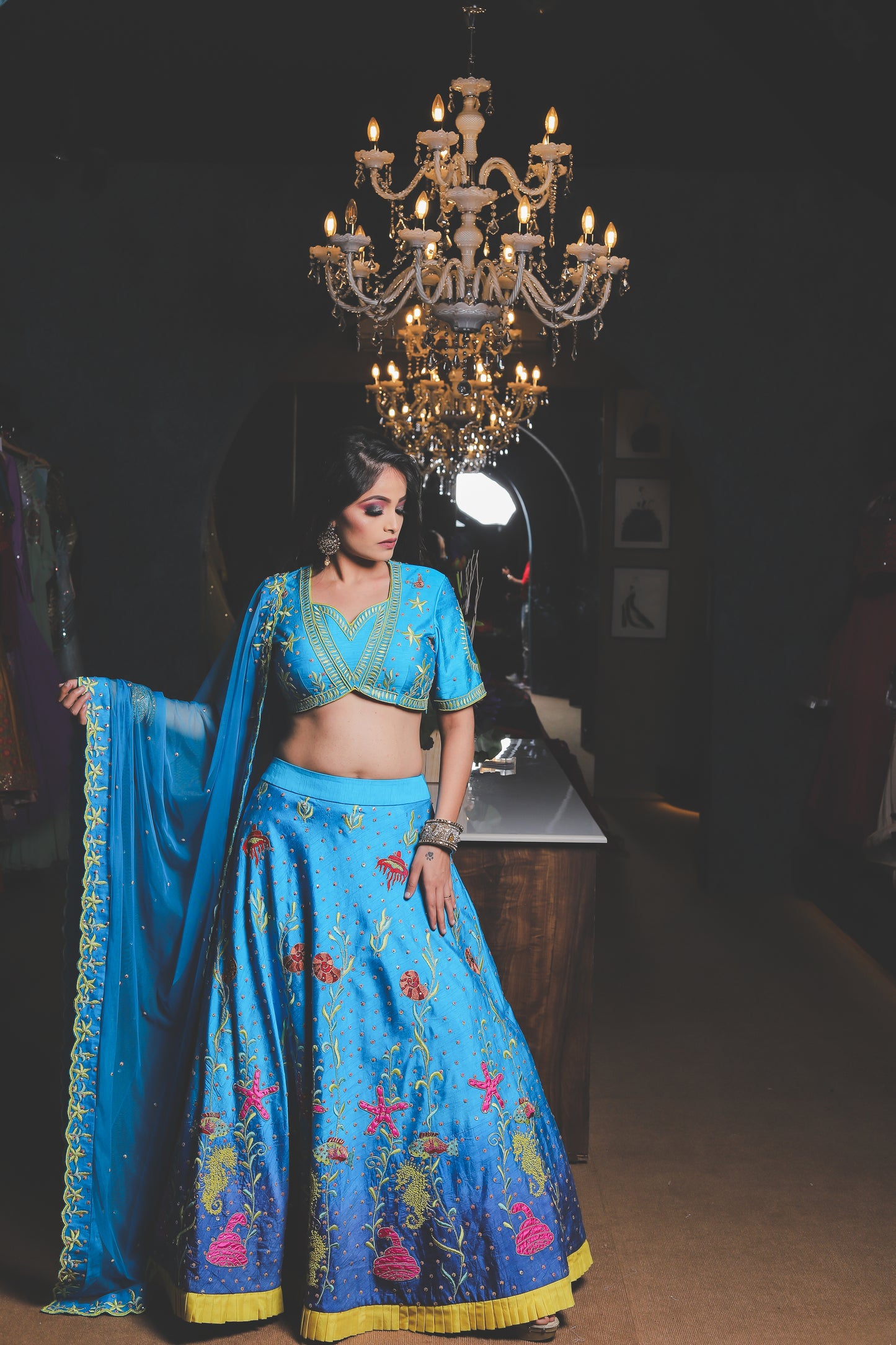 Aqua Blue Embroidered Lehenga Set
