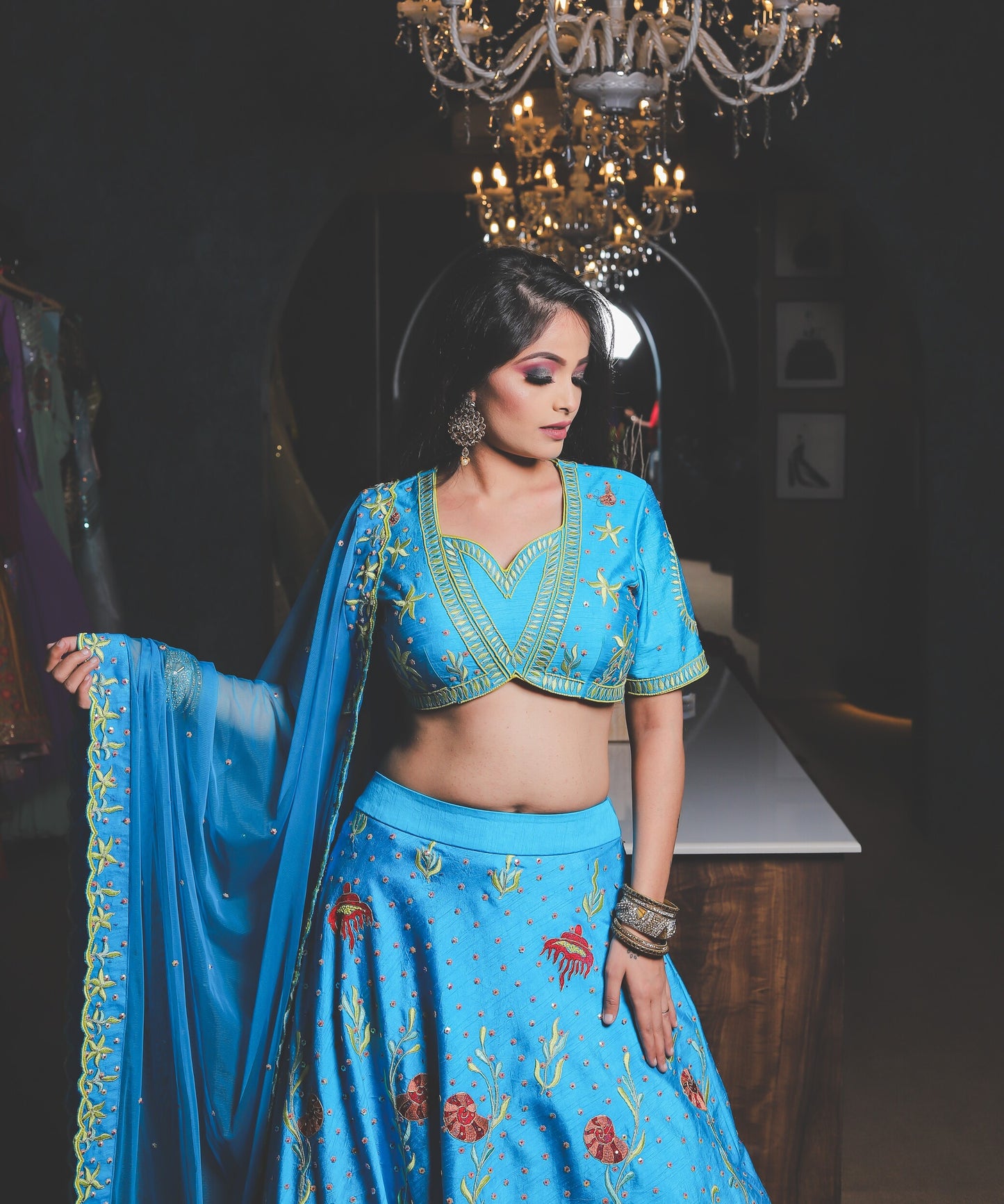 Aqua Blue Embroidered Lehenga Set