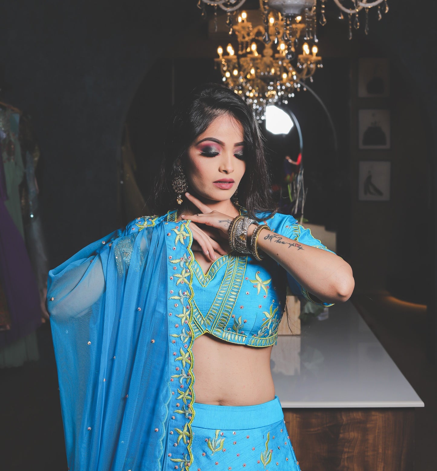 Aqua Blue Embroidered Lehenga Set