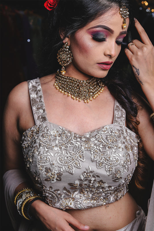 Embroided Lehnga – Antique Silver & Beige Designer Set