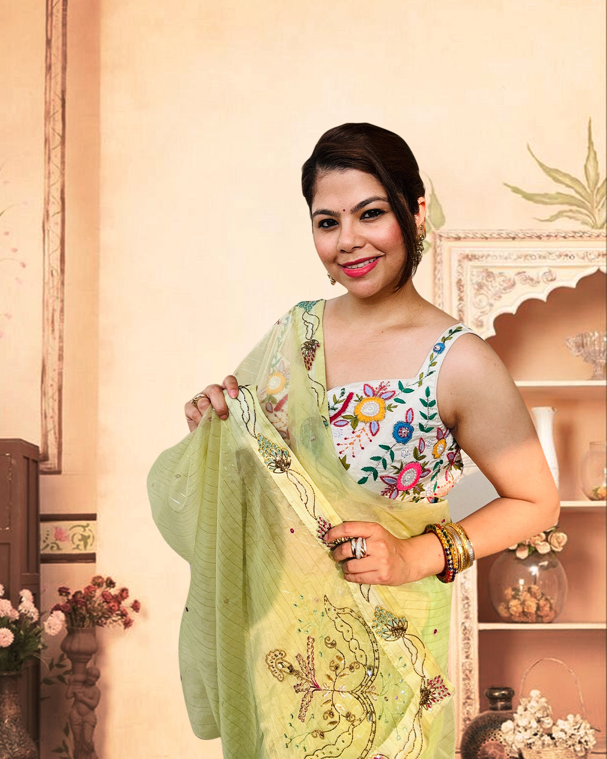 Pastel Green Embroidered Floral Saree – Teej Collection 2025