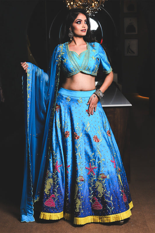 Aqua Blue Embroidered Lehenga Set
