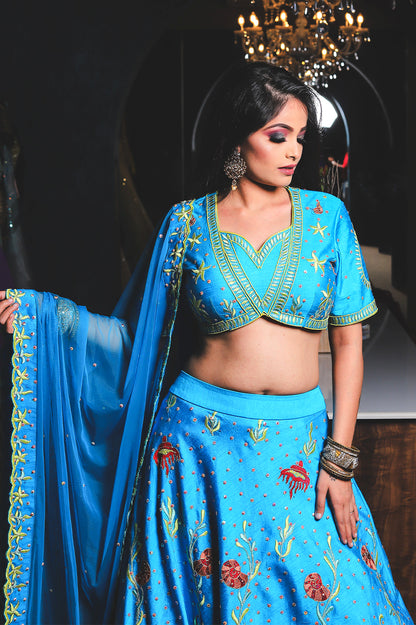 Aqua Blue Embroidered Lehenga Set