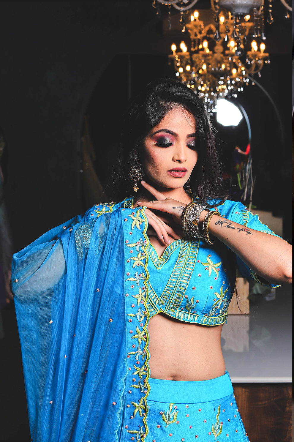 Aqua Blue Embroidered Lehenga Set