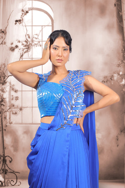 Royal Blue Ruffled Indo-Western Saree Set