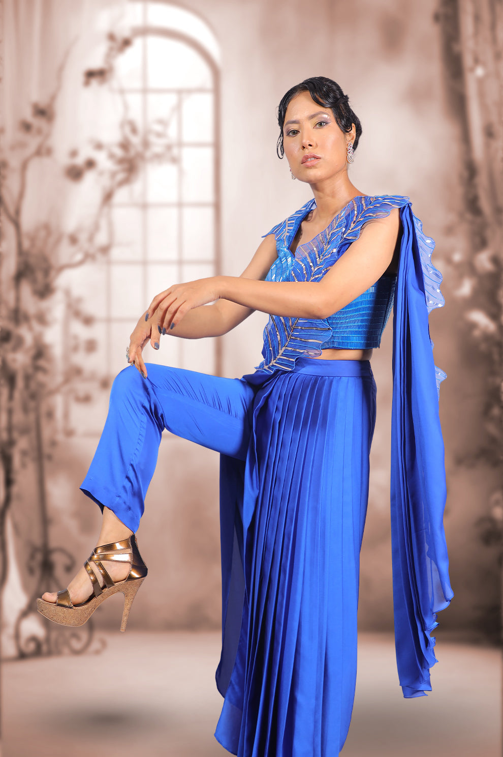 Royal Blue Ruffled Indo-Western Saree Set
