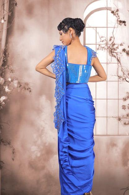 Royal Blue Ruffled Indo-Western Saree Set