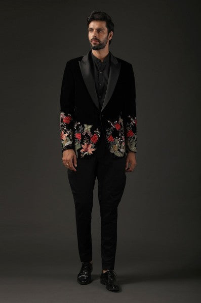 Black Velvet Embroidered Tuxedo Jacket