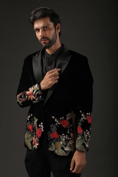 Black Velvet Embroidered Tuxedo Jacket