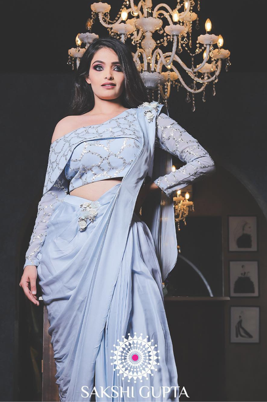 Icy Blue Embellished Designer Saree with Off-Shoulder Blouse – Sakshi Gupta