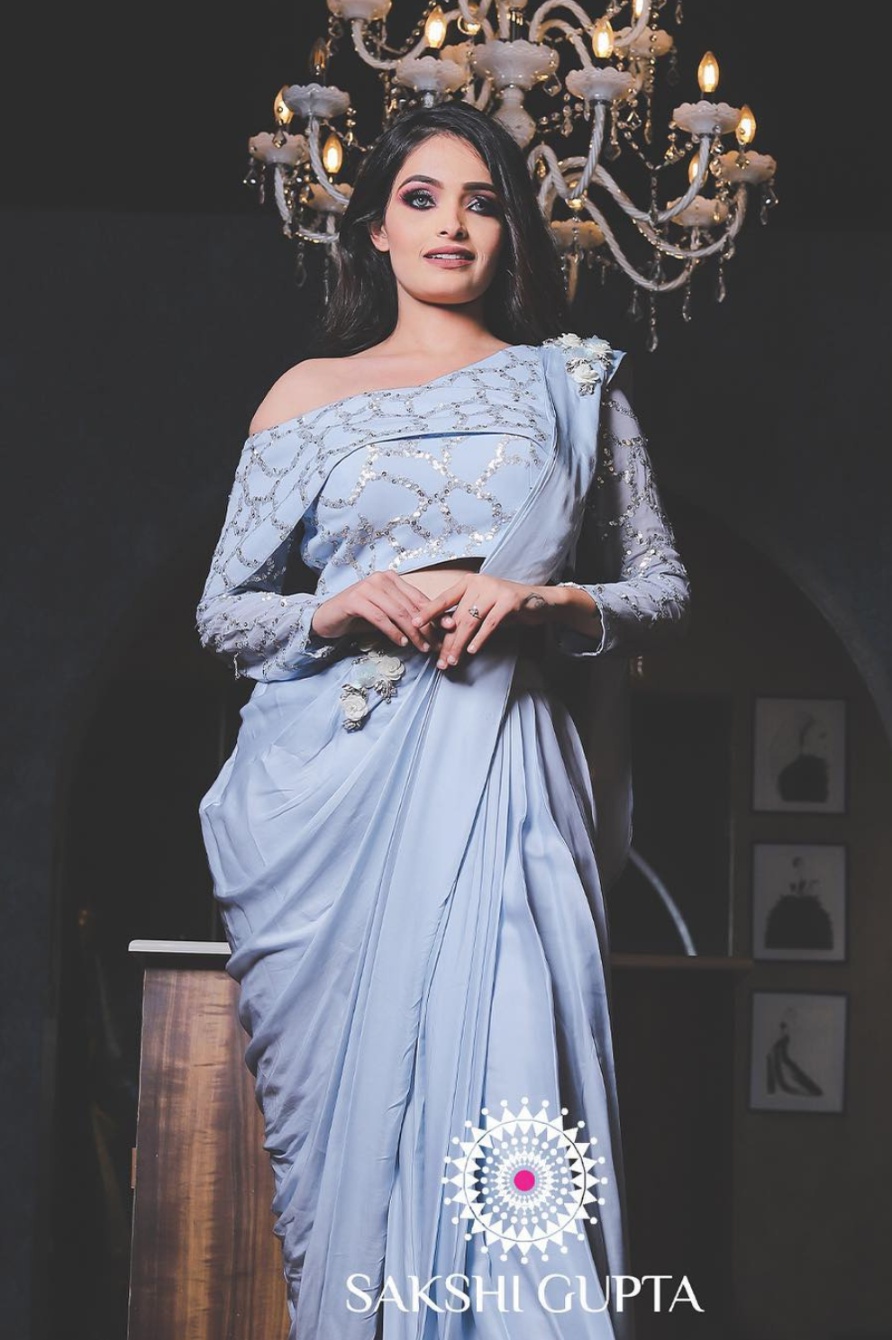 Icy Blue Embellished Designer Saree with Off-Shoulder Blouse – Sakshi Gupta