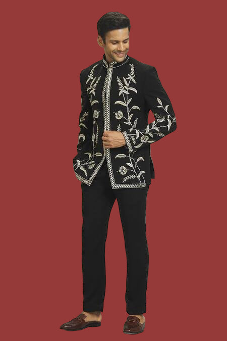 Black Floral Embroidered Indo-Western Suit