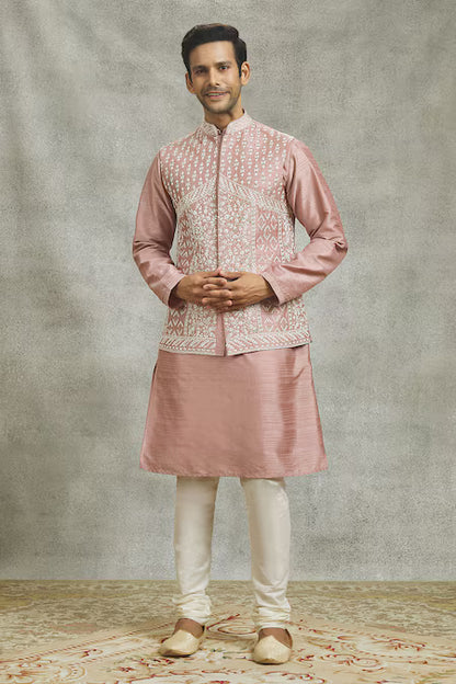 Pastel Pink Silk Kurta Set with Embroidered Nehru Jacket for Men