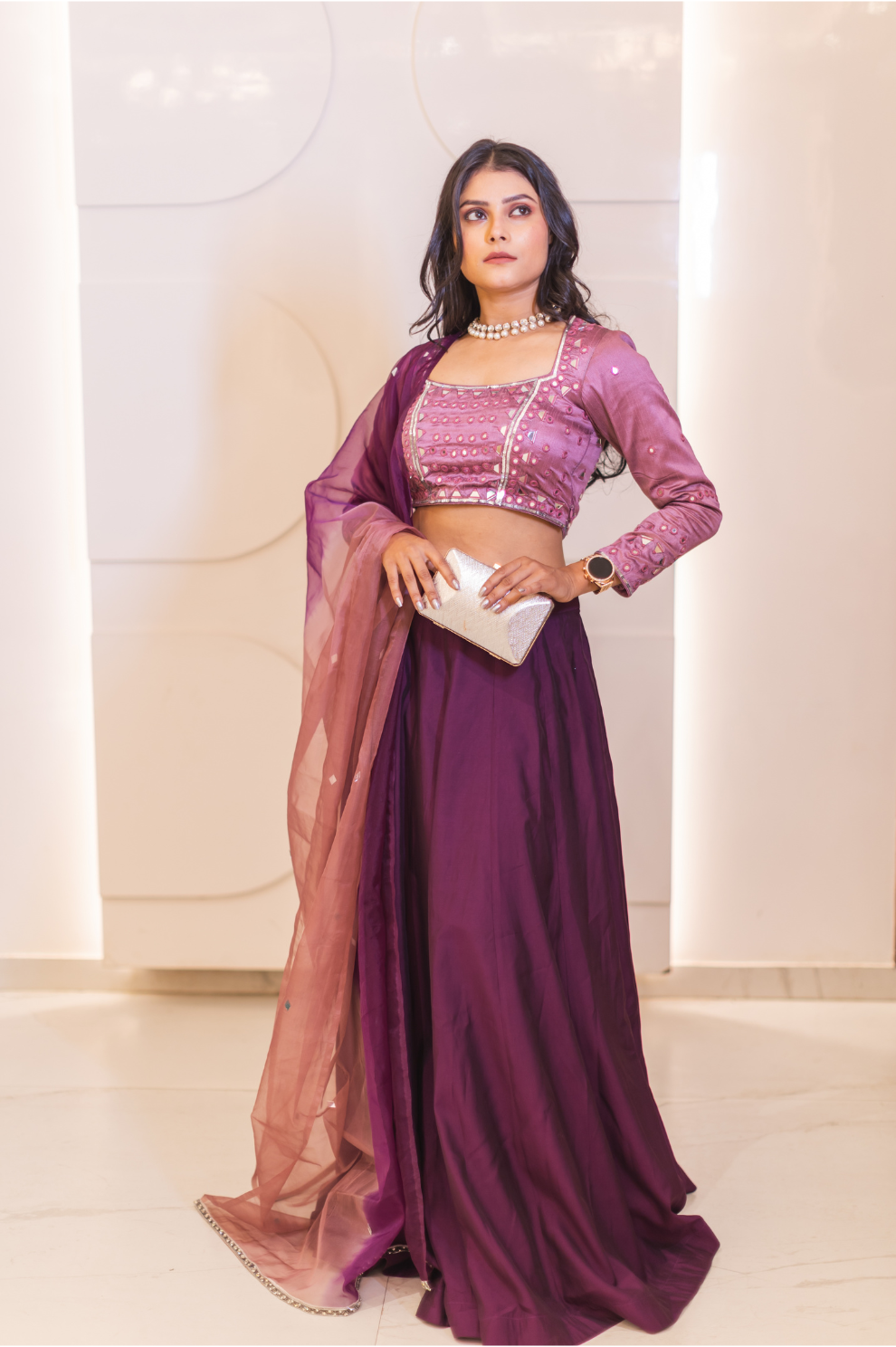 Elegant Purple Embellished Satin Lehenga Set for Women