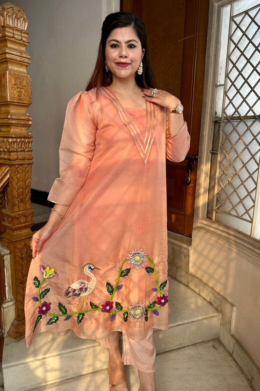 Peach Organza Embroidered Lehenga Set with Bird and Floral Motifs