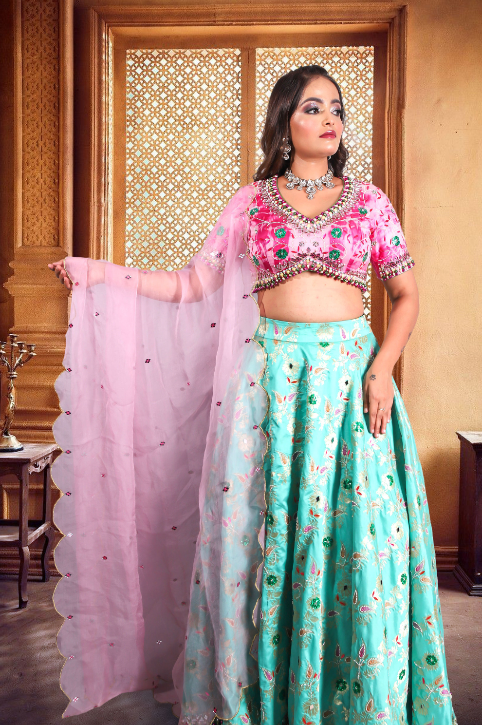 Pastel Aqua & Pink Embroidered Lehenga Set with Dupatta