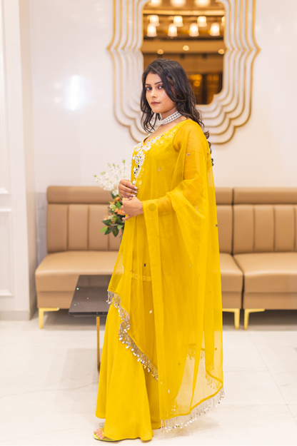 Vibrant Yellow Mirror Work Sharara Set – Festive Indo-Western Ensemble