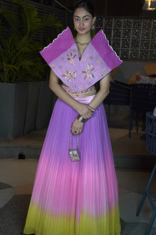 Dreamy Ombre Pleated Lehenga with Embroidered Collar Blouse