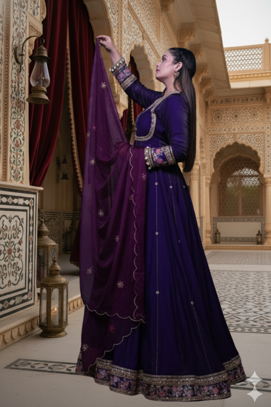 Regal Deep Violet Velvet Anarkali Gown with Handcrafted Embroidery & Dupatta