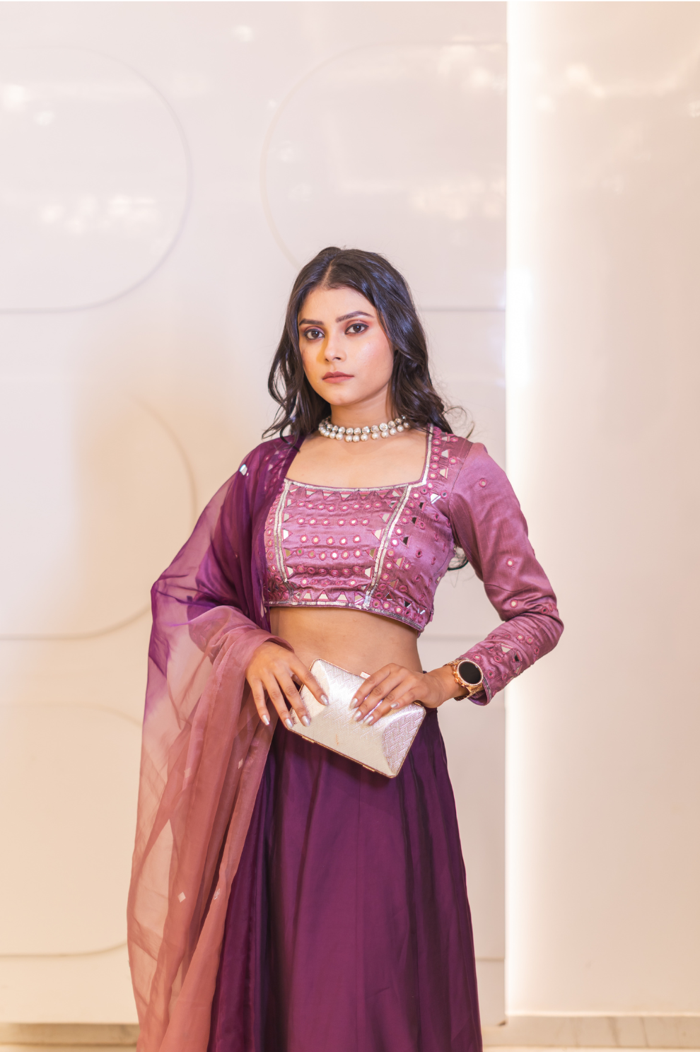 Elegant Purple Embellished Satin Lehenga Set for Women