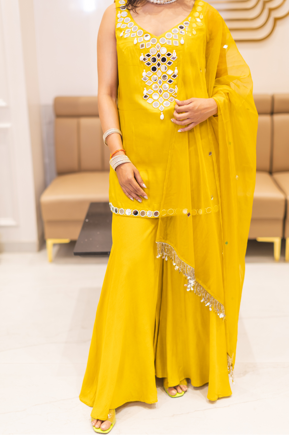Vibrant Yellow Mirror Work Sharara Set – Festive Indo-Western Ensemble