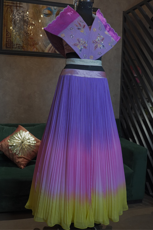 Dreamy Ombre Pleated Lehenga with Embroidered Collar Blouse