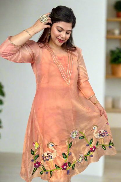 Peach Organza Embroidered Lehenga Set with Bird and Floral Motifs