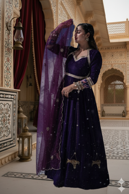 Regal Deep Violet Velvet Anarkali Gown with Handcrafted Embroidery & Dupatta