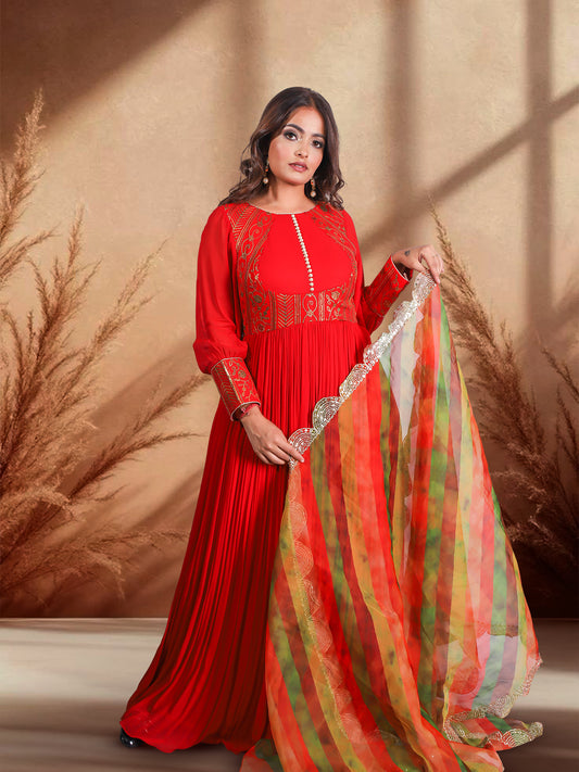 Vibrant Red-Orange Floor-Length Embroidered Anarkali Suit with Multi-Color Dupatta