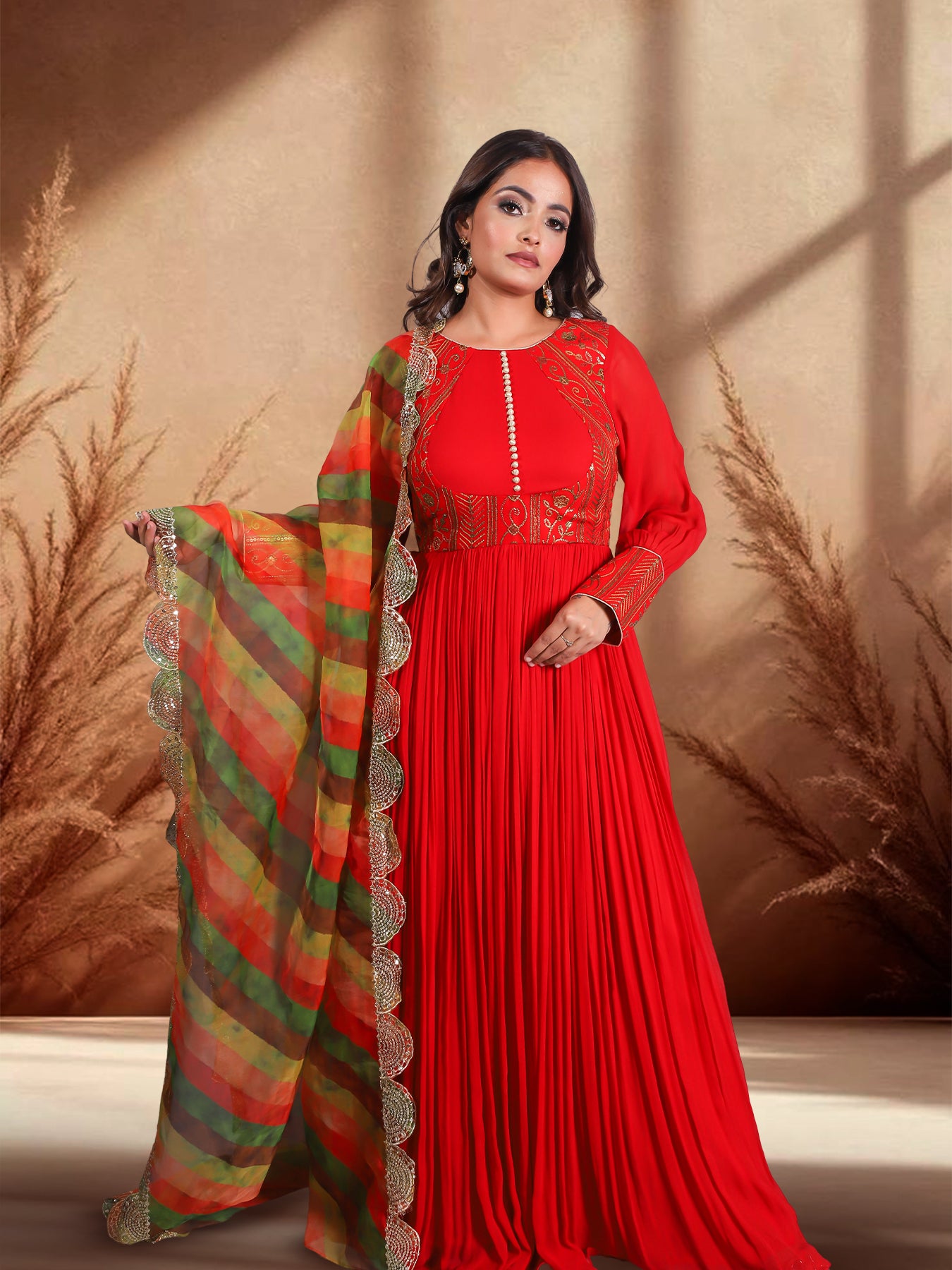 Vibrant Red-Orange Floor-Length Embroidered Anarkali Suit with Multi-Color Dupatta