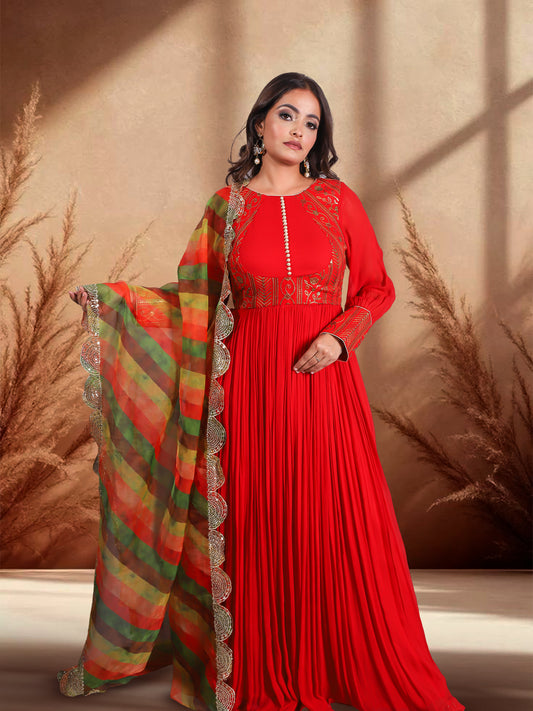 Vibrant Red-Orange Floor-Length Embroidered Anarkali Suit with Multi-Color Dupatta