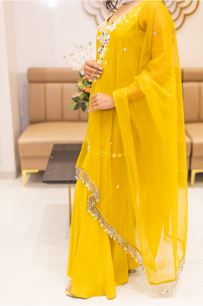 Vibrant Yellow Mirror Work Sharara Set – Festive Indo-Western Ensemble