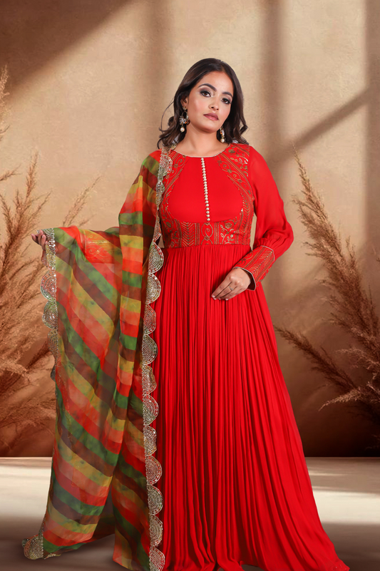 Vibrant Red-Orange Floor-Length Embroidered Anarkali Suit with Multi-Color Dupatta