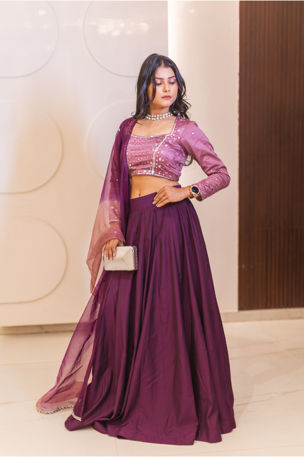 Elegant Purple Embellished Satin Lehenga Set for Women