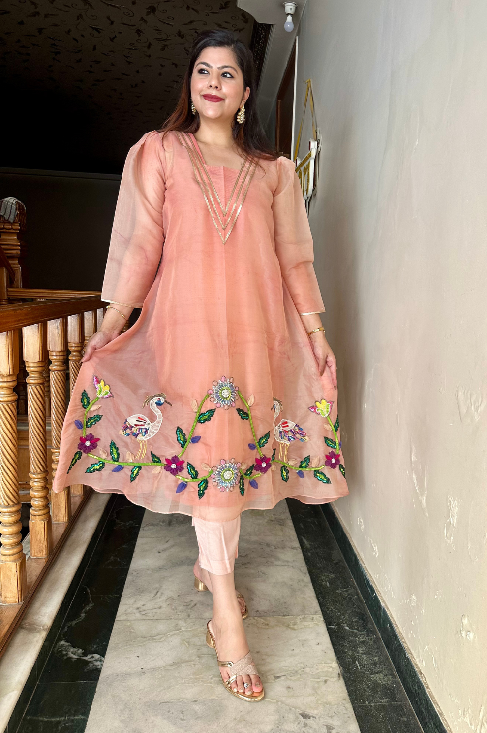 Peach Organza Embroidered Lehenga Set with Bird and Floral Motifs