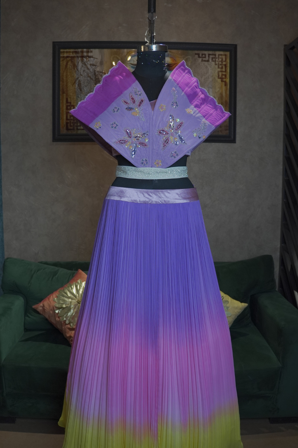 Dreamy Ombre Pleated Lehenga with Embroidered Collar Blouse