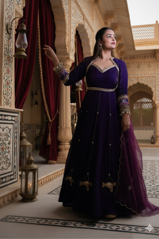 Regal Deep Violet Velvet Anarkali Gown with Handcrafted Embroidery & Dupatta